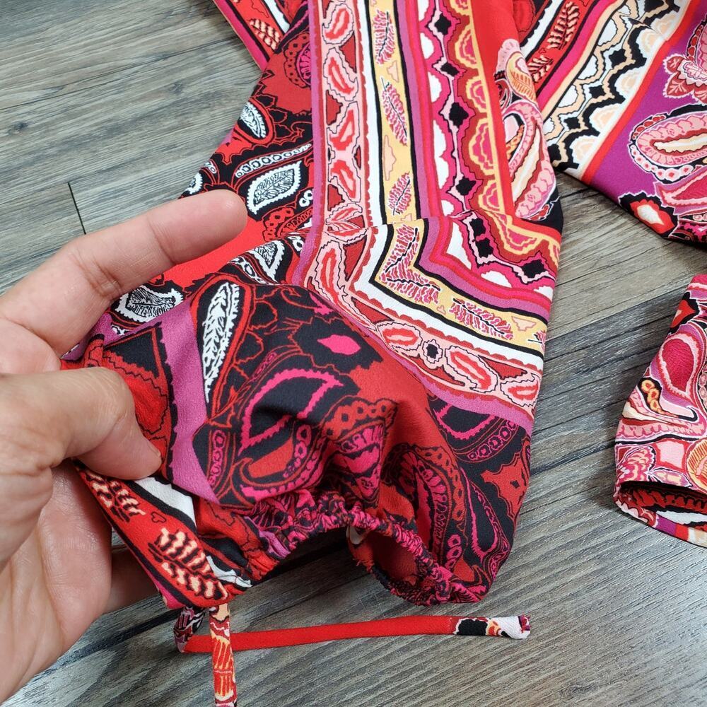 Chico’s Patched Paisley Peasant Top Red Tie Sleeve Boho Renaissance Size 2 NWT - Picture 8 of 8